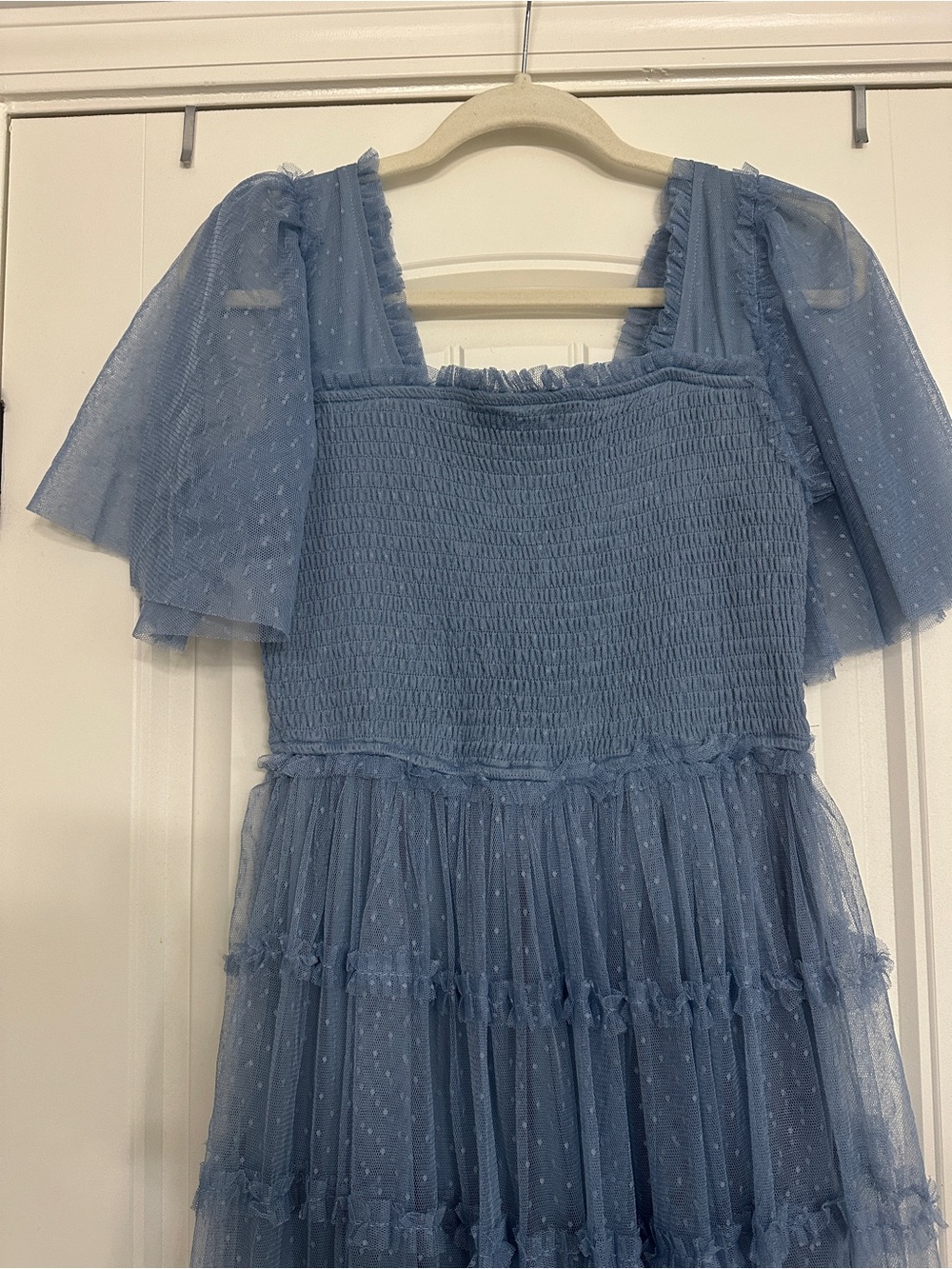 Baltic Born Powder Blue Smocked Midi Dress with Sheer Tiered Skirt - Picture 3 of 5